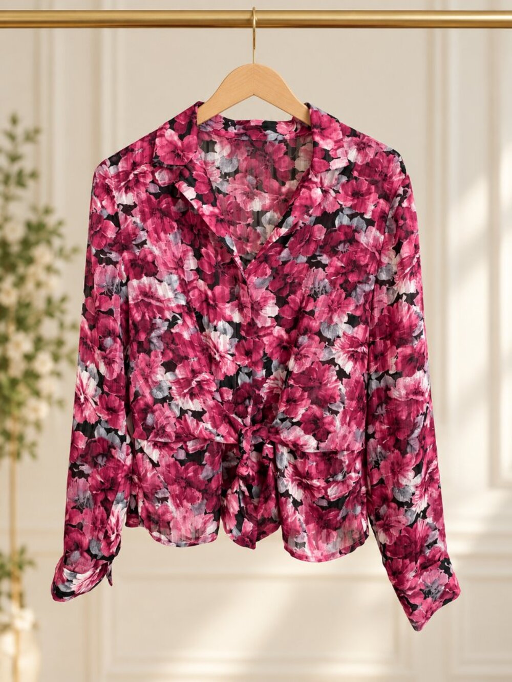 Jones New York Signature Floral Button Down Shirt Pink Burgundy M Cotton